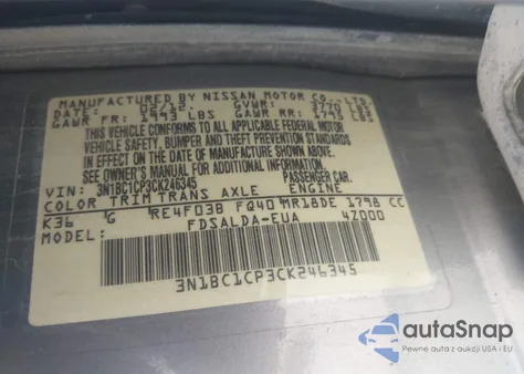 2012 Nissan Versa 1.8 S from USA, damaged, VIN 3N1BC1CP3CK246345